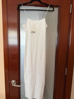 ZARA Cream Ribbed Maxi Slip Dress with Spaghetti Straps